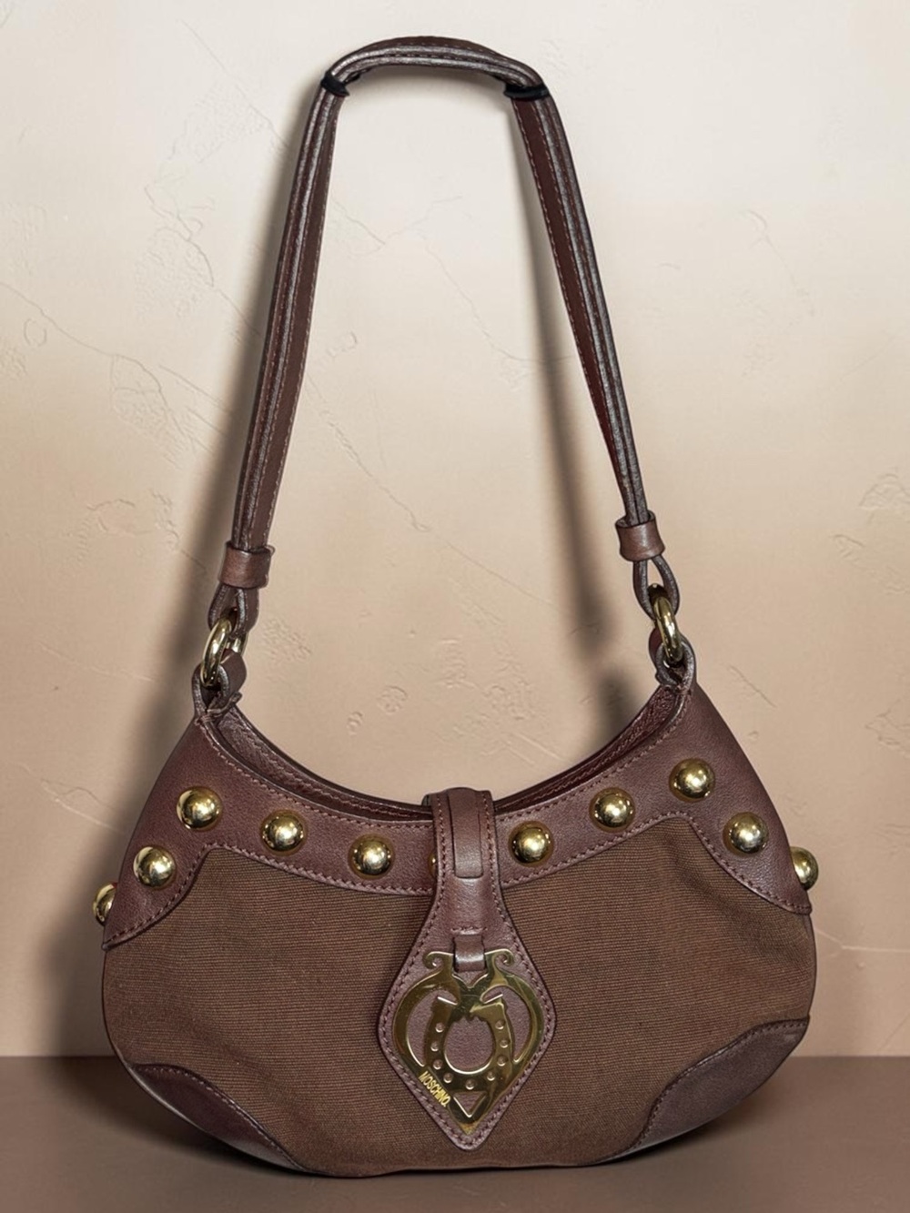 Moschino Brown Studded Shoulder Mini Bag with Gold Hardware